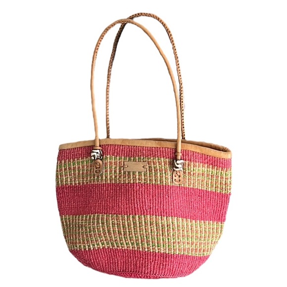 Kenyan Pink Green Tan Hand Woven Sisal & Leather Beaded Straw Zipper Tote Bag - Picture 15 of 15